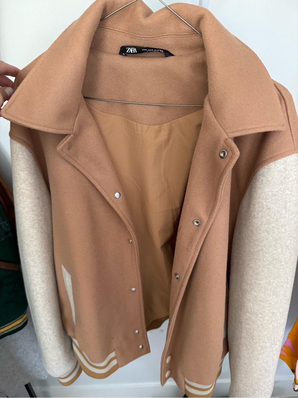 Zara Camel Body Cream Sleeve Varsity Jacket